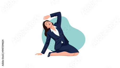 Exhausted businesswoman in a dark suit collapsed on the floor reflecting burnout and the high pressure of a corporate career.