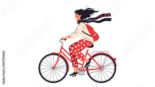 Joyful young woman wearing a scarf and polka dot pants rides a red bicycle with her long hair blowing in the wind on a white background.