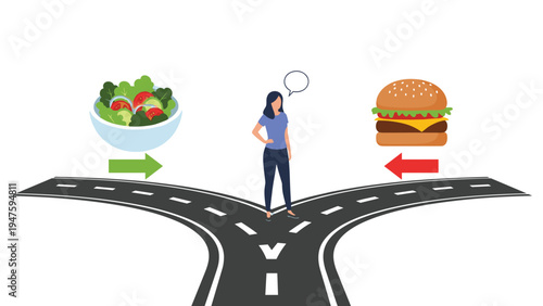 Young woman stands at a crossroads, pondering whether to follow the path toward a healthy salad or a tempting fast-food hamburger.