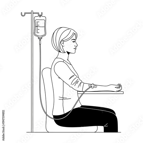 Woman receiving an intravenous drip while seated at a desk