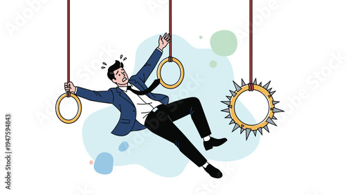 Stressed businessman in a suit struggles to hold onto gymnastic rings, with one ring covered in sharp spikes, representing corporate risk.