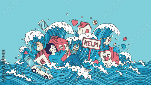 Crying woman is overwhelmed and swept away by a giant wave of houses, cars, electronics, and baby items, depicting modern stress.