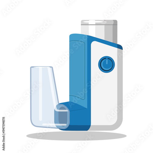 Illustration of a blue and white asthma inhaler with a spacer