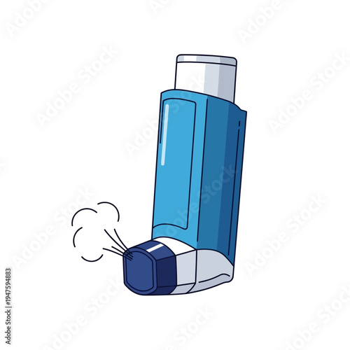 Illustration of a blue and white asthma inhaler with vapor