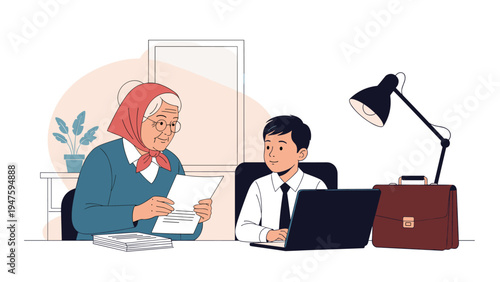 Elderly woman in a headscarf reviews documents with a young professional man at a desk, showing intergenerational collaboration.
