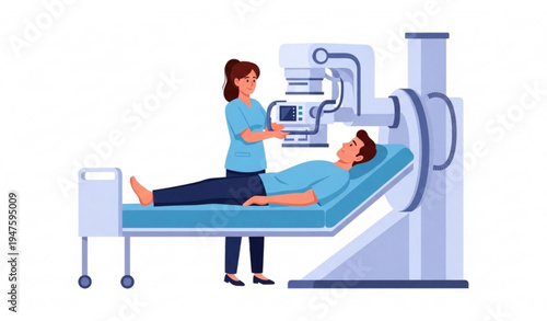 Medical vector illustration of female nurse performing X-ray on male patient knee