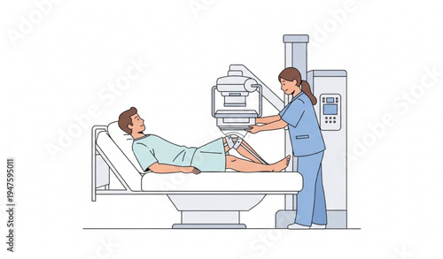 Flat vector illustration of healthcare nurse performing knee X-ray on male patient