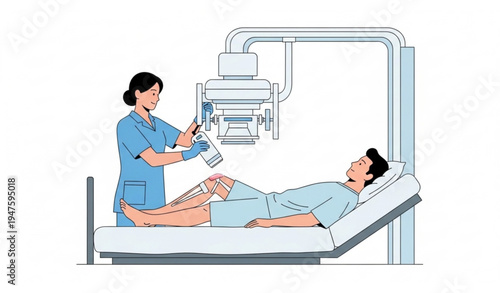 Vector illustration of male patient knee X-ray scan with female nurse in hospital