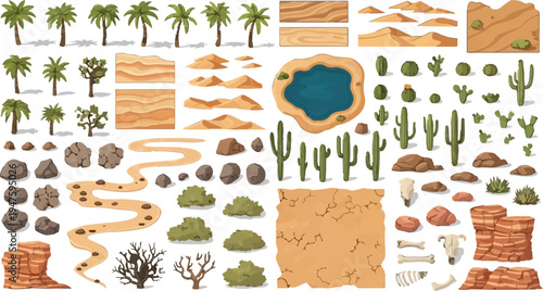 Desert landscape constructor vector set with palm trees, saguaro cacti, sand dunes, rocks, oasis, bushes, and dry trees for game design, map creation, or infographic elements.