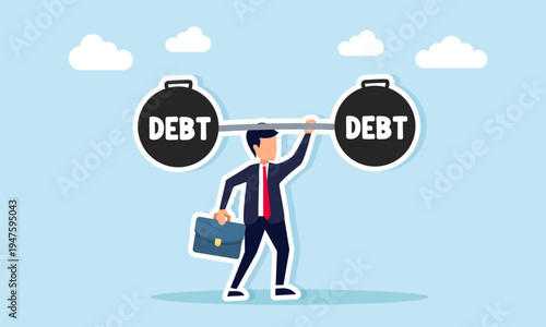 Businessman lifting heavy barbell labeled debt illustration of strength and ability to overcome and repay business financial obligations