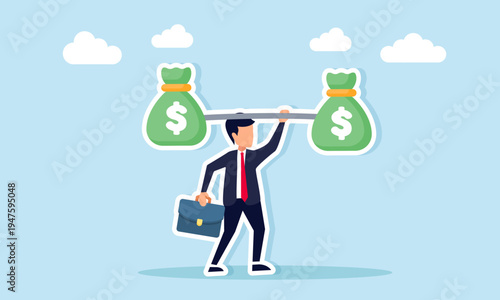 Businessman lifting barbell made of money bags illustration of strength and ability in managing investor funds and business financial resources