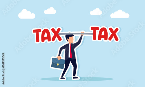 Businessman lifting heavy barbell shaped like tax text illustration of strength and ability to fulfill corporate tax obligations and financial responsibility