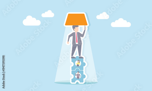 Businessman climbing stack of puzzle pieces to turn on light bulb illustration of building a team to complete business project and generate ideas