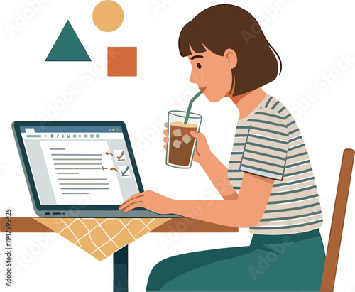 Woman sitting at a table working on her laptop while drinking.