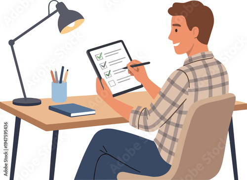 Man sitting at desk reviewing checklist on tablet with lamp