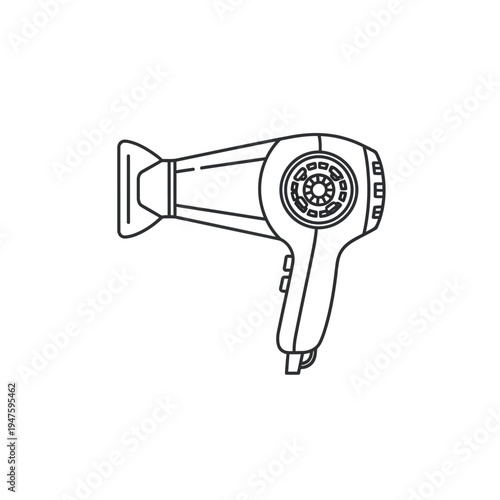 Line art illustration of a modern hair dryer in black and white