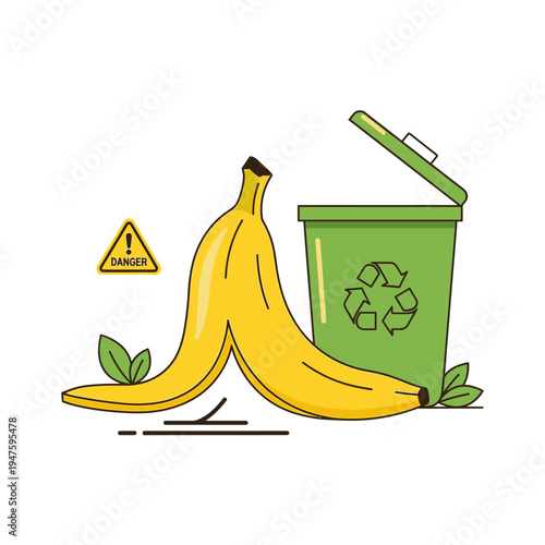 A fallen banana peel next to a green recycling bin with warning sign