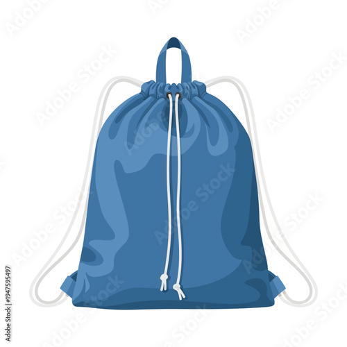 A blue drawstring bag with white straps isolated on a white background