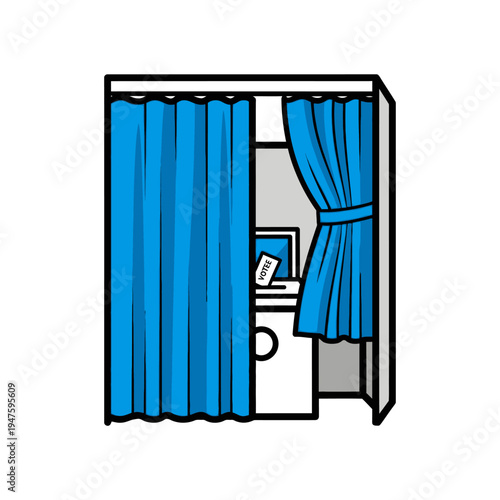 A cartoon illustration of a voting booth with a ballot and desk