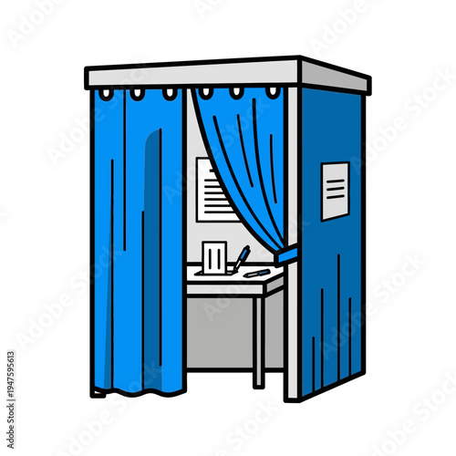 Illustration of a voting booth with a desk and blue curtains