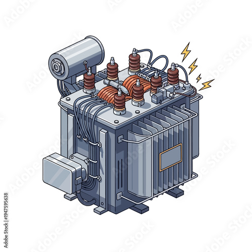Detailed illustration of a large electrical transformer with sparking connections