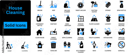 House Cleaning solid icon set. House cleaning icon set. Includes symbols for broom, mop, vacuum cleaner, and cleaning service. Solid vector icons for hygiene, sanitation. Solid icons set. 