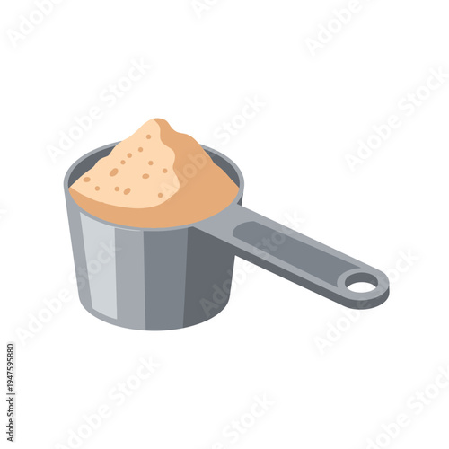 A gray measuring cup filled with a pile of brown sugar