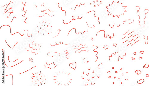  collection of hand-drawn red doodle elements and design icons. 

