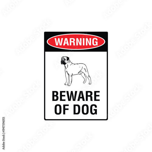 Warning Beware Of Dog Bullmastiff Breed Vector Sign, Security Alert Sticker, Guard Dog Design