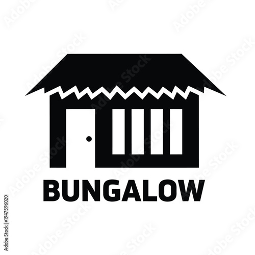 A simple black and white graphic depicts a bungalow with a sharply angled roof and a clearly labeled sign high quality professional detailed modern elegant stylish