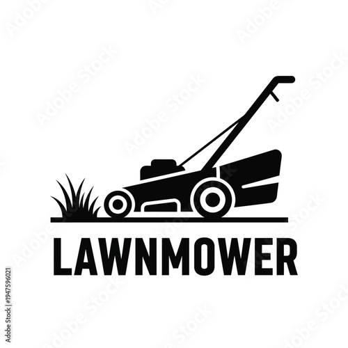 A striking black silhouette depicts a lawnmower cutting grass accompanied by bold text identifying the machine s function high quality professional detailed modern elegant stylish