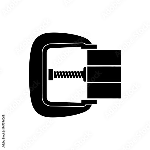 Black and white illustration of a c clamp with a bolt