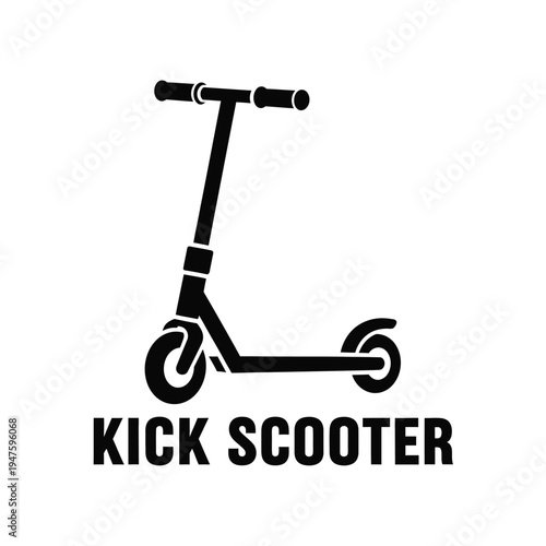 A minimalistic black silhouette depicts a kick scooter with handlebars and two wheels accompanied by the text kick scooter high quality professional detailed modern