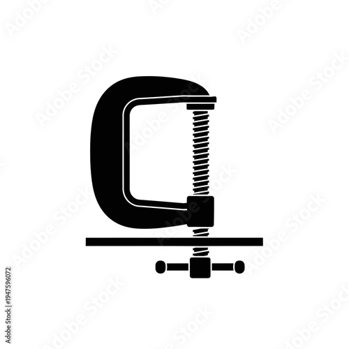 A black and white illustration of a c clamp tool isolated on white