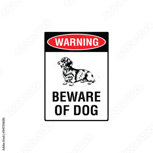 Warning Beware Of Dog Dachshund Breed Vector Sign, Security Alert Sticker, Guard Dog Design