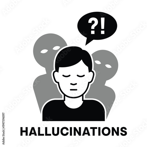 A grayscale illustration depicts a person with a thought bubble containing a question mark and exclamation point surrounded by shadowy figures high quality professional