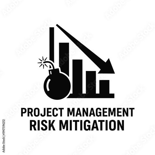 A stark black graphic depicts a falling bar graph with a lit bomb symbolizing project management risk mitigation high quality professional detailed modern elegant