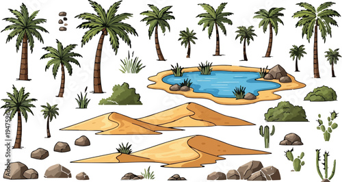 Desert Oasis Landscape Elements Vector Set with Palm Trees, Sand Dunes, Cacti, Rocks, Bushes, and Blue Water Pond for Game Design, Web Graphics, or Nature-Themed Projects
