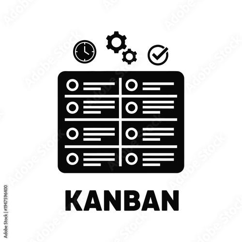 A black silhouette depicts a kanban board with columns circular tasks clock gears and a checkmark above it high quality professional detailed modern elegant