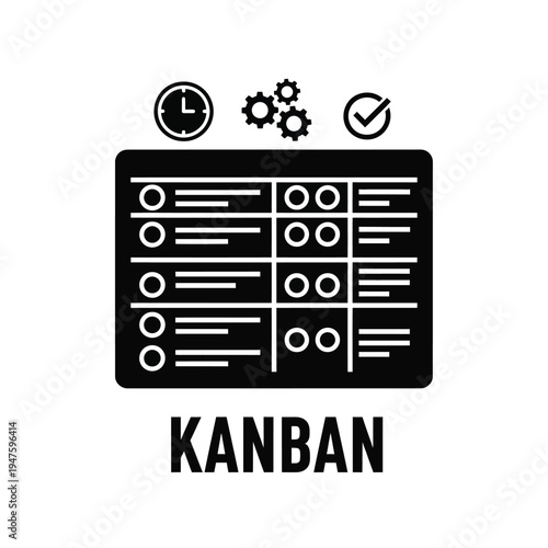 A black kanban board icon displays columns with circles and lines alongside time gears and checkmark symbols high quality professional detailed modern elegant stylish
