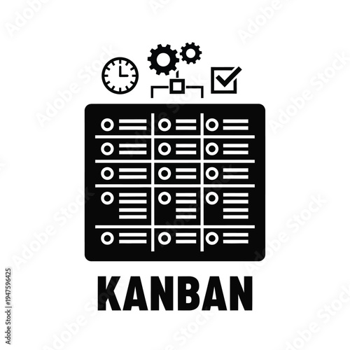 A black and white graphic depicts a kanban board with columns a clock gears and a checkmark for project management high quality professional detailed