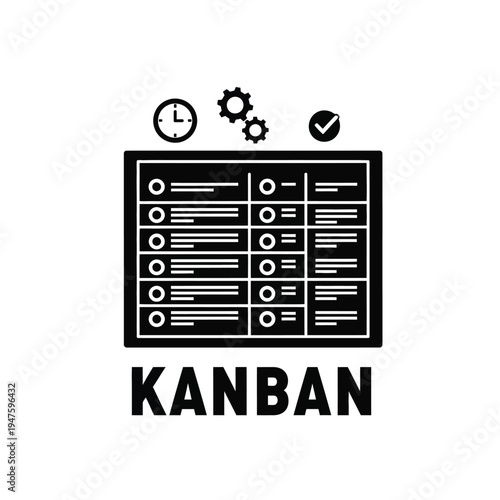 A black and white illustration depicts a kanban board with check boxes and icons representing time gears and completion high quality professional detailed modern