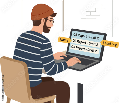 Man sitting on chair working on laptop with documents labels