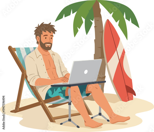 Man works on laptop while sitting on beach chair under palm tree