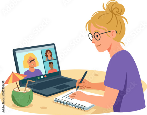 Woman on laptop attends virtual meeting at beach with cocktail