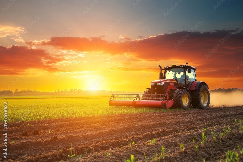 Fototapeta premium Tractor works in a field at sunset with bright colors and open landscape in the background during evening hours