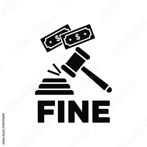 A black silhouette depicts a gavel striking a stone block with money above symbolizing a financial penalty or legal fine high quality professional detailed