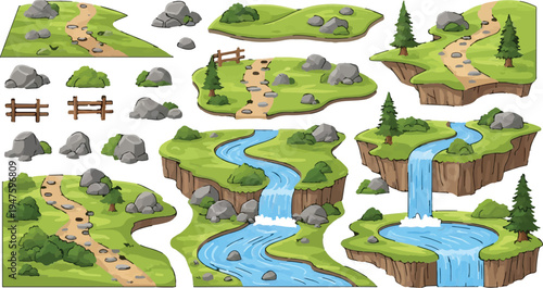 Isometric vector set of 20 nature landscape elements including green grass islands, winding dirt paths, flowing rivers, waterfalls, rocks, trees, and bushes, perfect for game design, maps