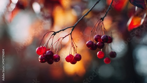 Red autumn berries on a branch with warm sunset bokeh background