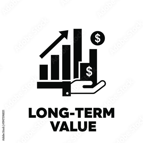 A graphic depicts a rising bar graph with dollar signs being held by a hand above the text long term value high quality professional detailed